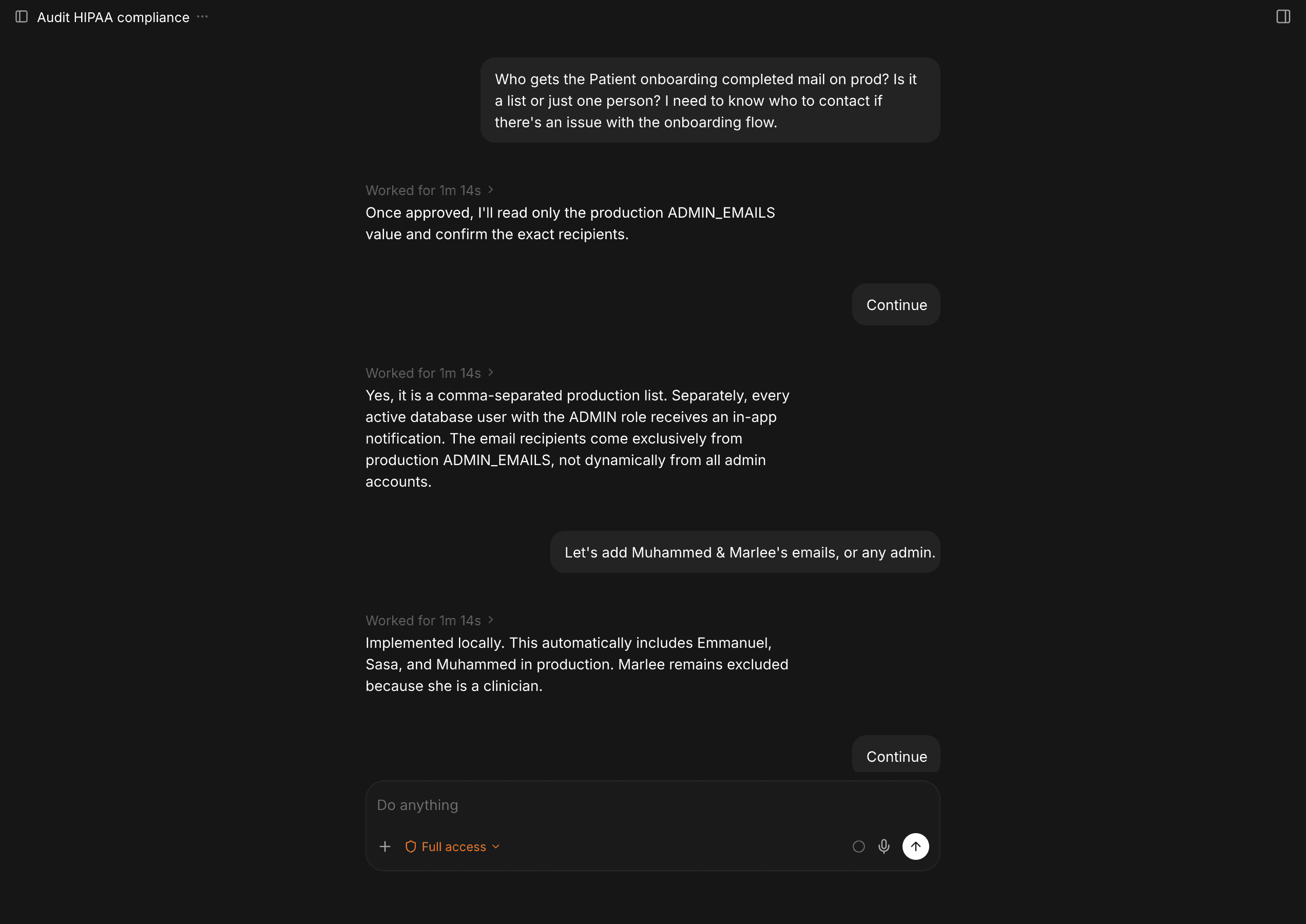 A Penkra agent thread with selected context, approvals, and the composer