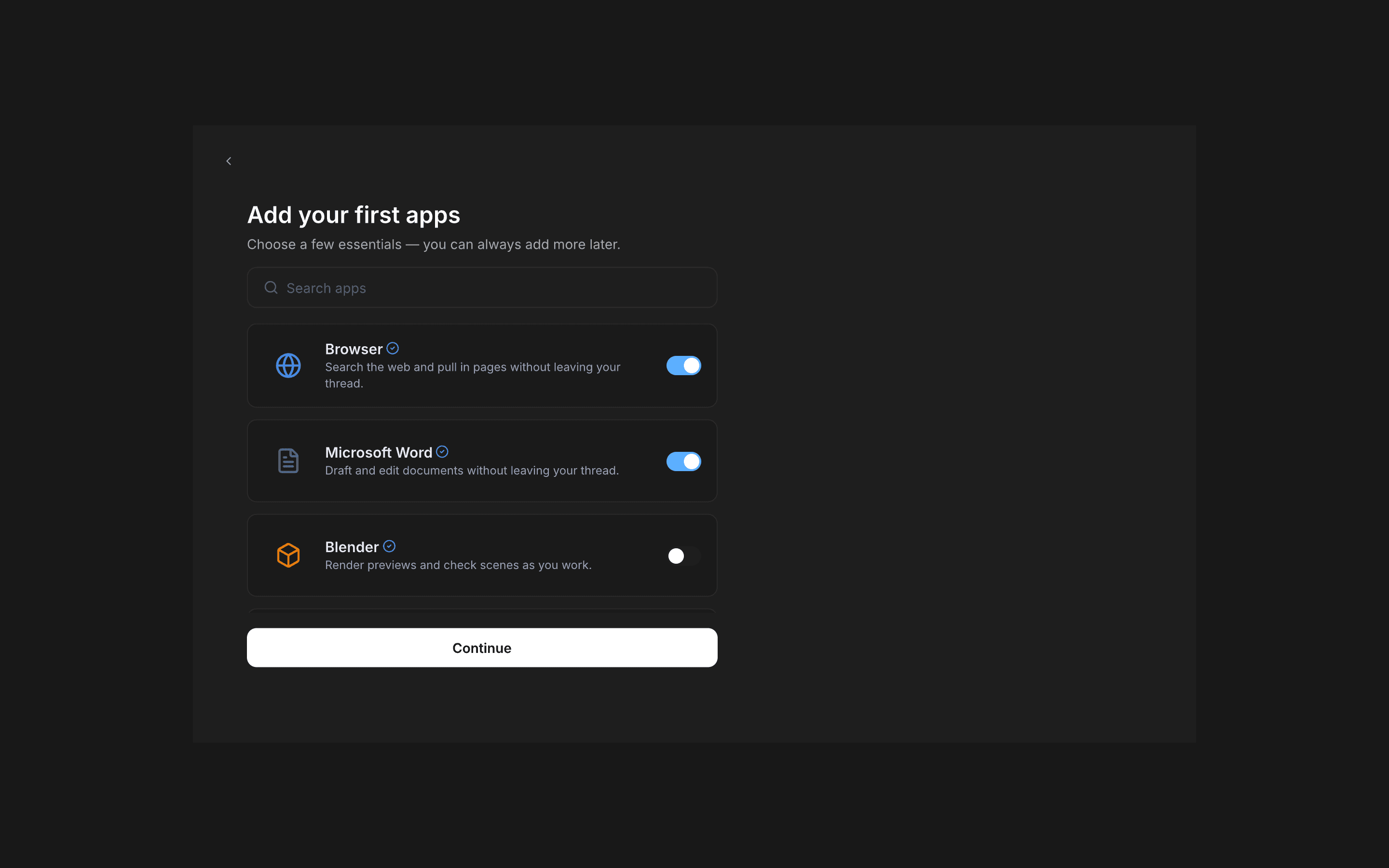 Penkra onboarding showing Apps that can be enabled for an agent